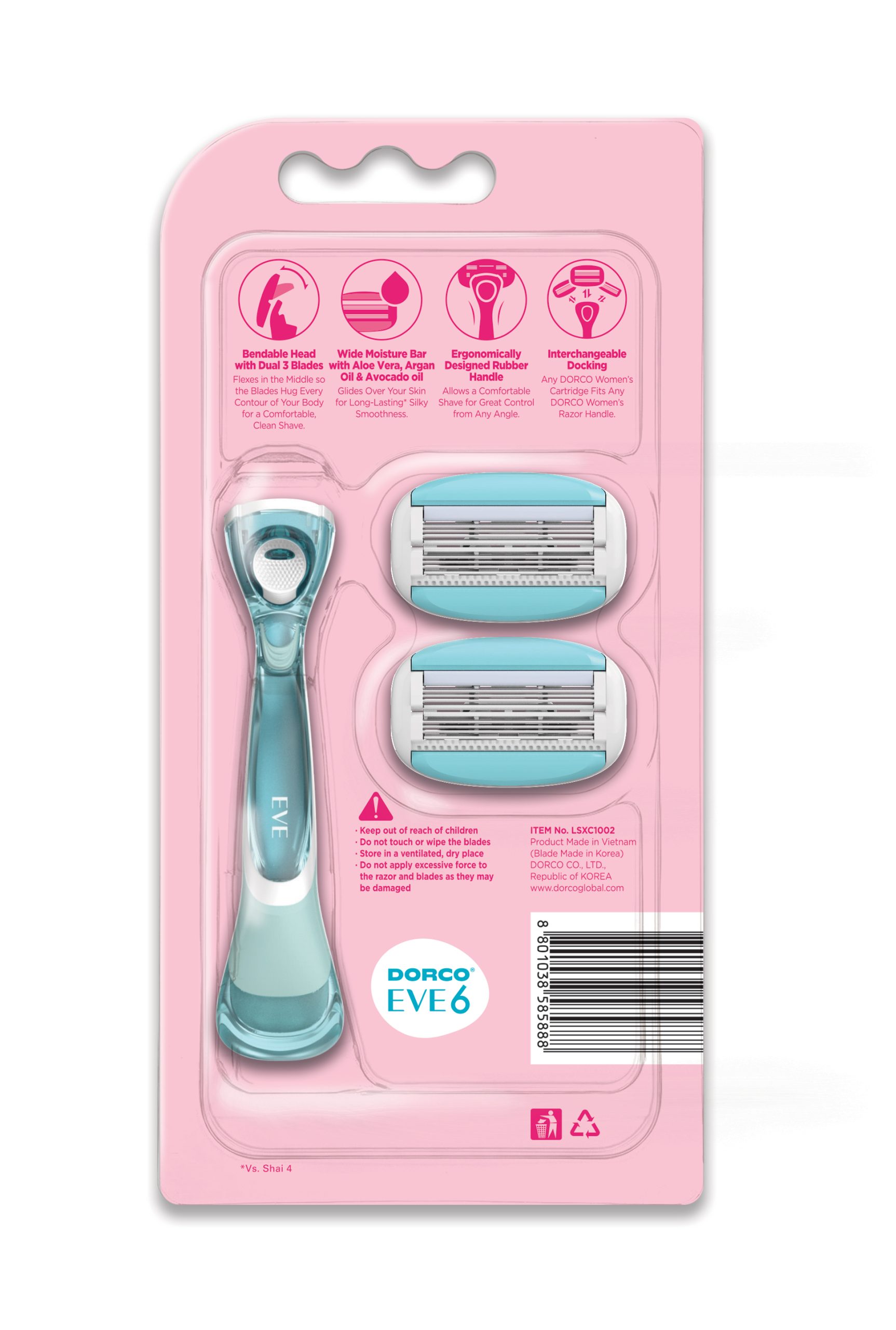 Dorco Eve 6 System Razor for Women - 6 Blades Shaving System, 2 Heads, 1 Handle - Image 2
