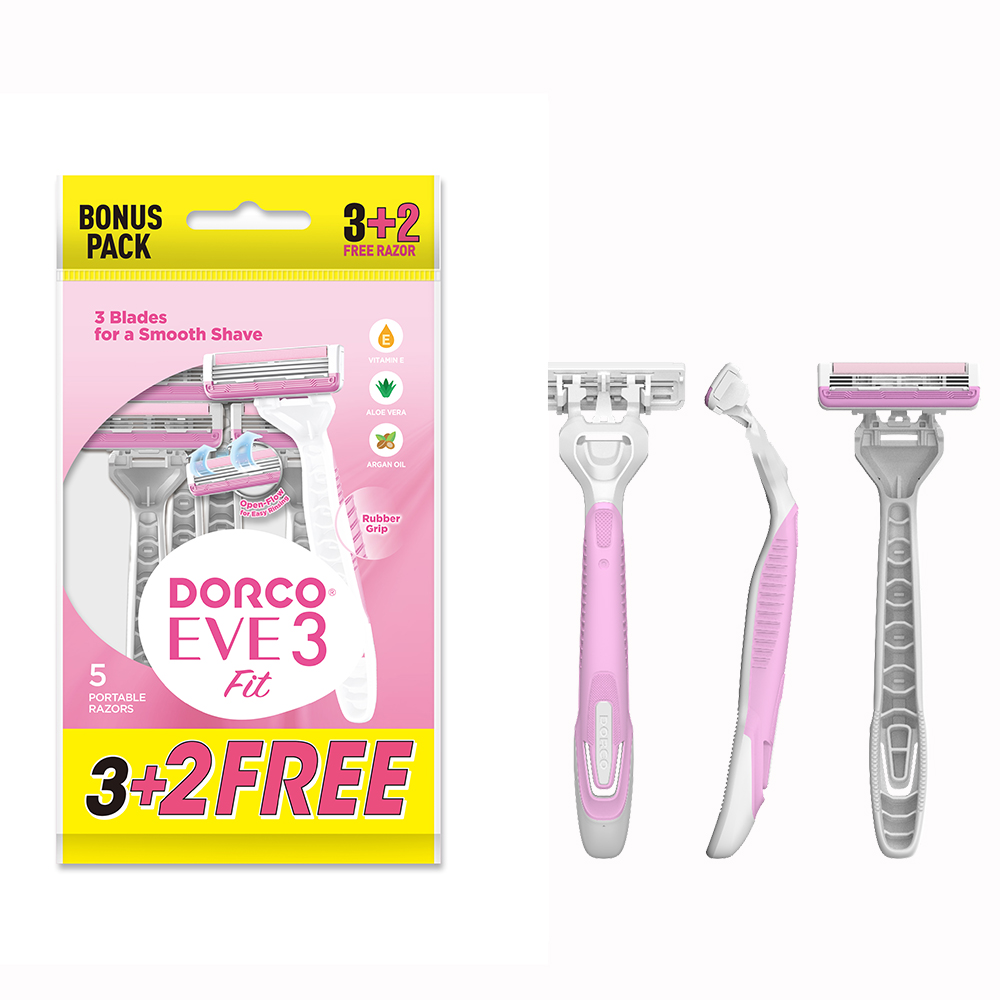 Dorco Eve 3 Disposable Razors for Women, 3 Blades Pivoting Head, 3+2 Rubber Handles in a Pouch