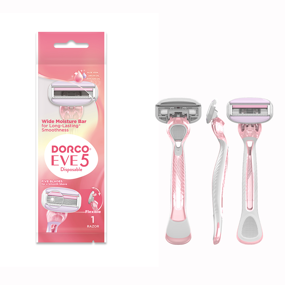Dorco Eve 5 Women’s Razor with 5 blades, wide pivoting head, moisture strip and ergonomic rubber handle in pouch