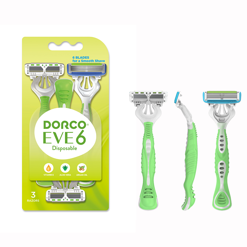 Dorco EVE 6 Blade Disposable Razor for Women with moisture strip and curved blades – 3-pack